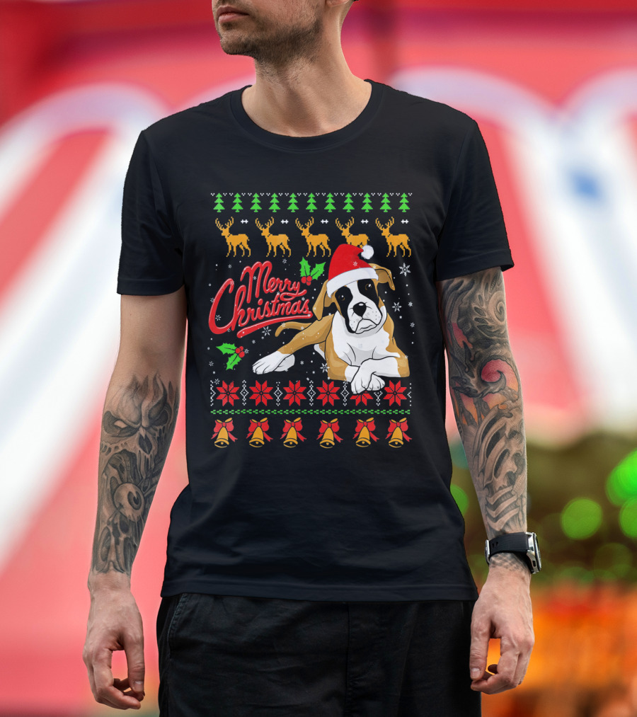 Merry Christmas Boxer Dog Santa Hat Reindeer Snowflakes T-Shirt