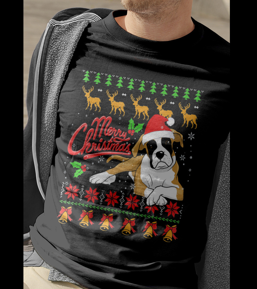 Merry Christmas Boxer Dog Santa Hat Reindeer Snowflakes T-Shirt