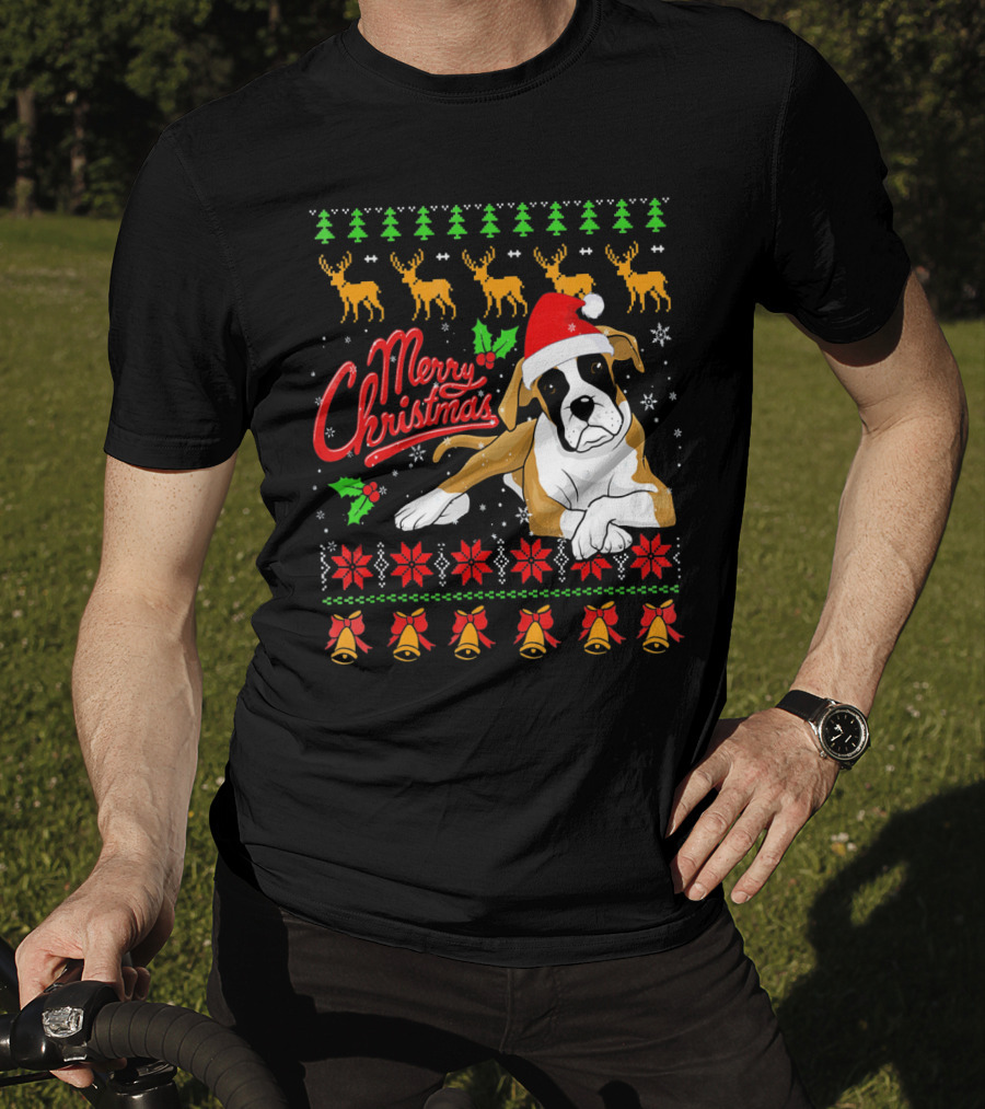 Merry Christmas Boxer Dog Santa Hat Reindeer Snowflakes T-Shirt