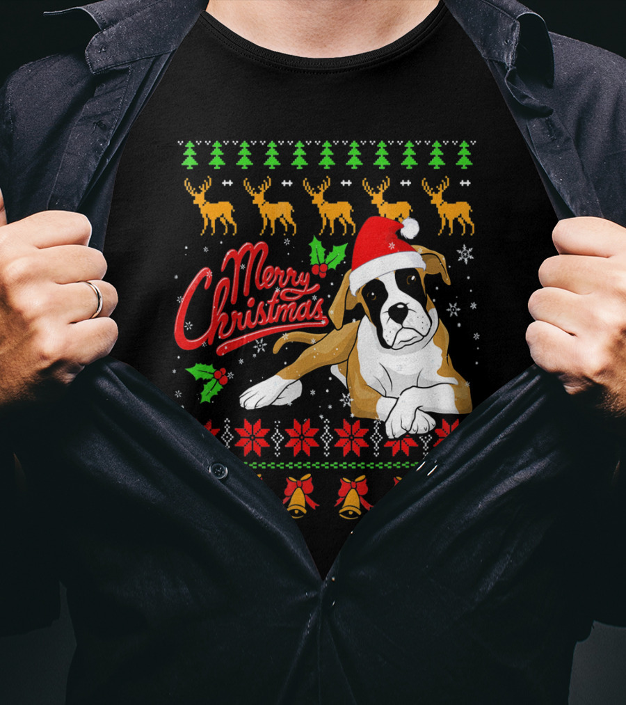 Merry Christmas Boxer Dog Santa Hat Reindeer Snowflakes T-Shirt