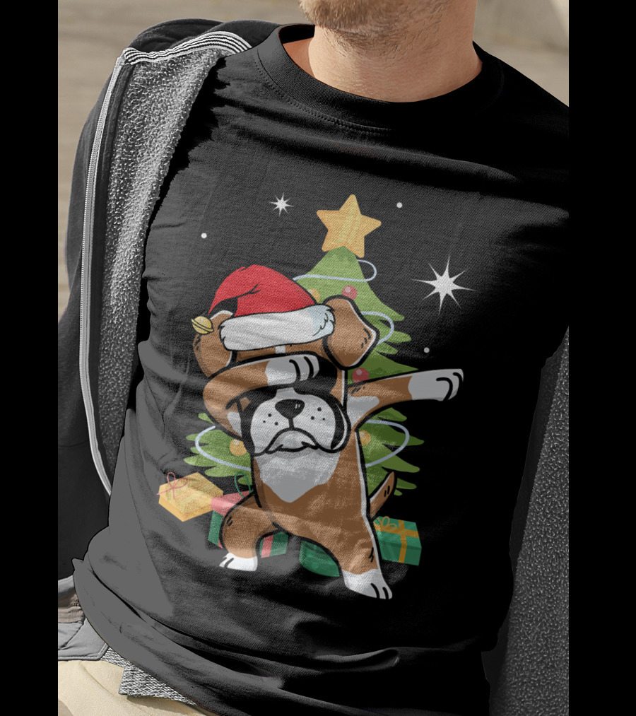 Christmas Boxer Dog Dabbing In Front Of Tree With Gifts T-Shirt