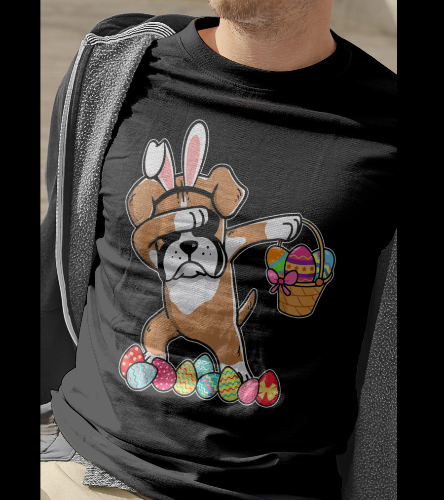 Boxer Dabbing As Easter Bunny With Basket And Eggs T-Shirt