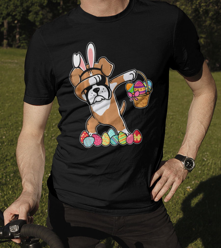 Boxer Dabbing As Easter Bunny With Basket And Eggs T-Shirt