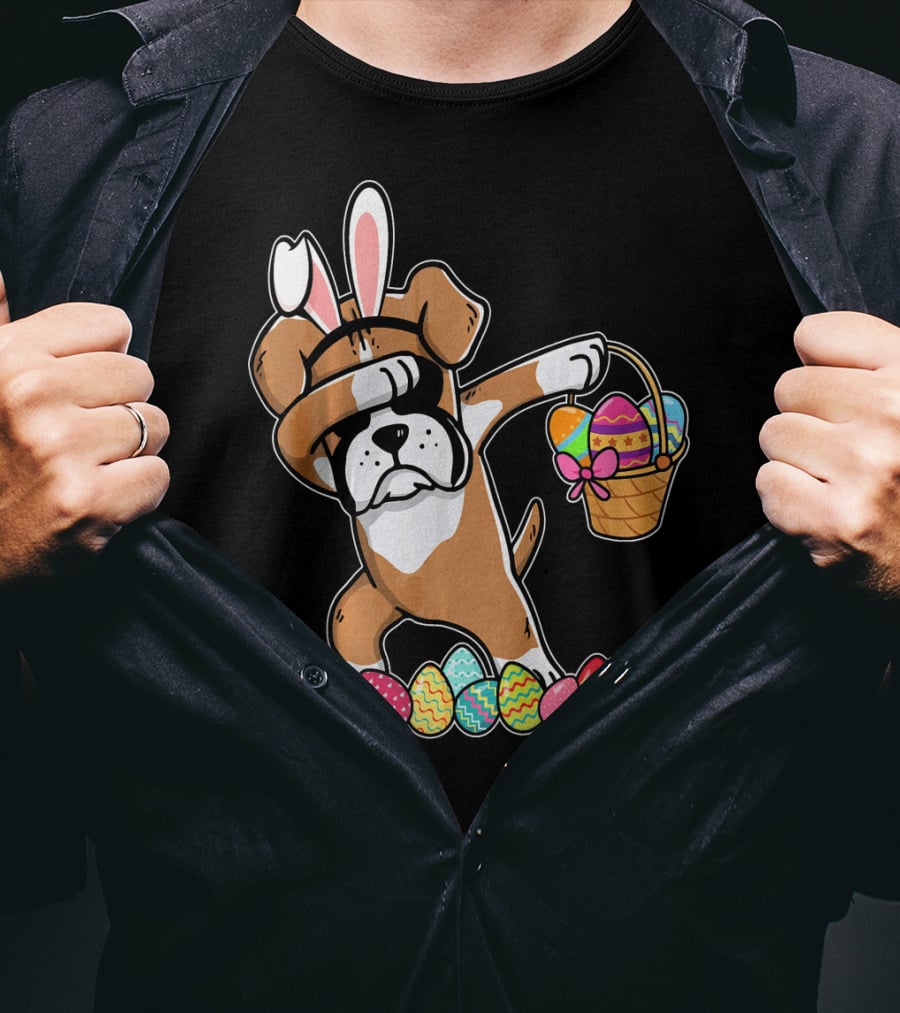 Boxer Dabbing As Easter Bunny With Basket And Eggs T-Shirt