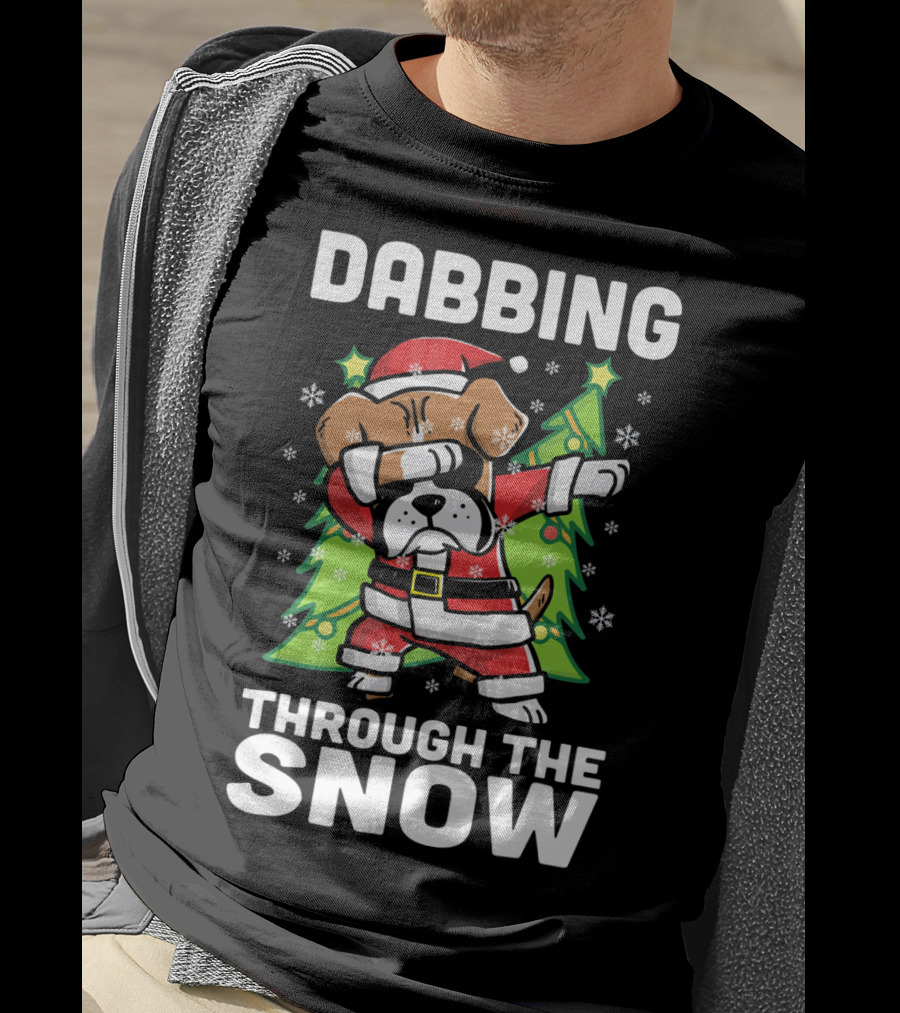 Dabbing Through The Snow Boxer Dog Santa Christmas Snowflakes Pine Trees T-Shirt