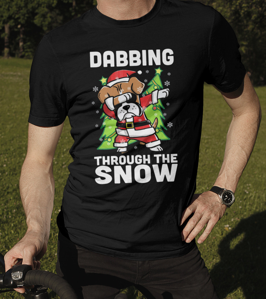 Dabbing Through The Snow Boxer Dog Santa Christmas Snowflakes Pine Trees T-Shirt