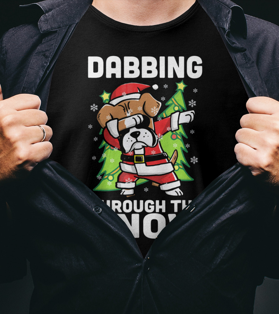 Dabbing Through The Snow Boxer Dog Santa Christmas Snowflakes Pine Trees T-Shirt
