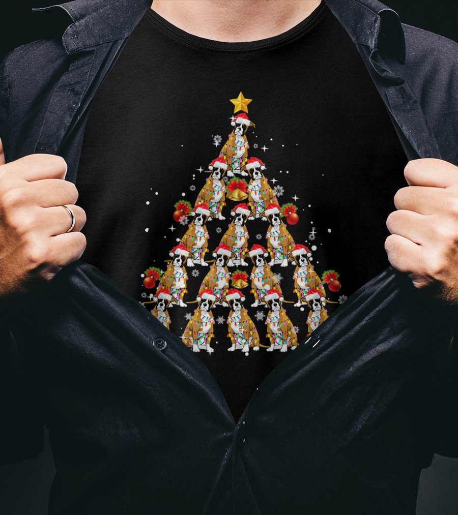 Boxer Dog Christmas Tree With Santa Hats And Lights T-Shirt