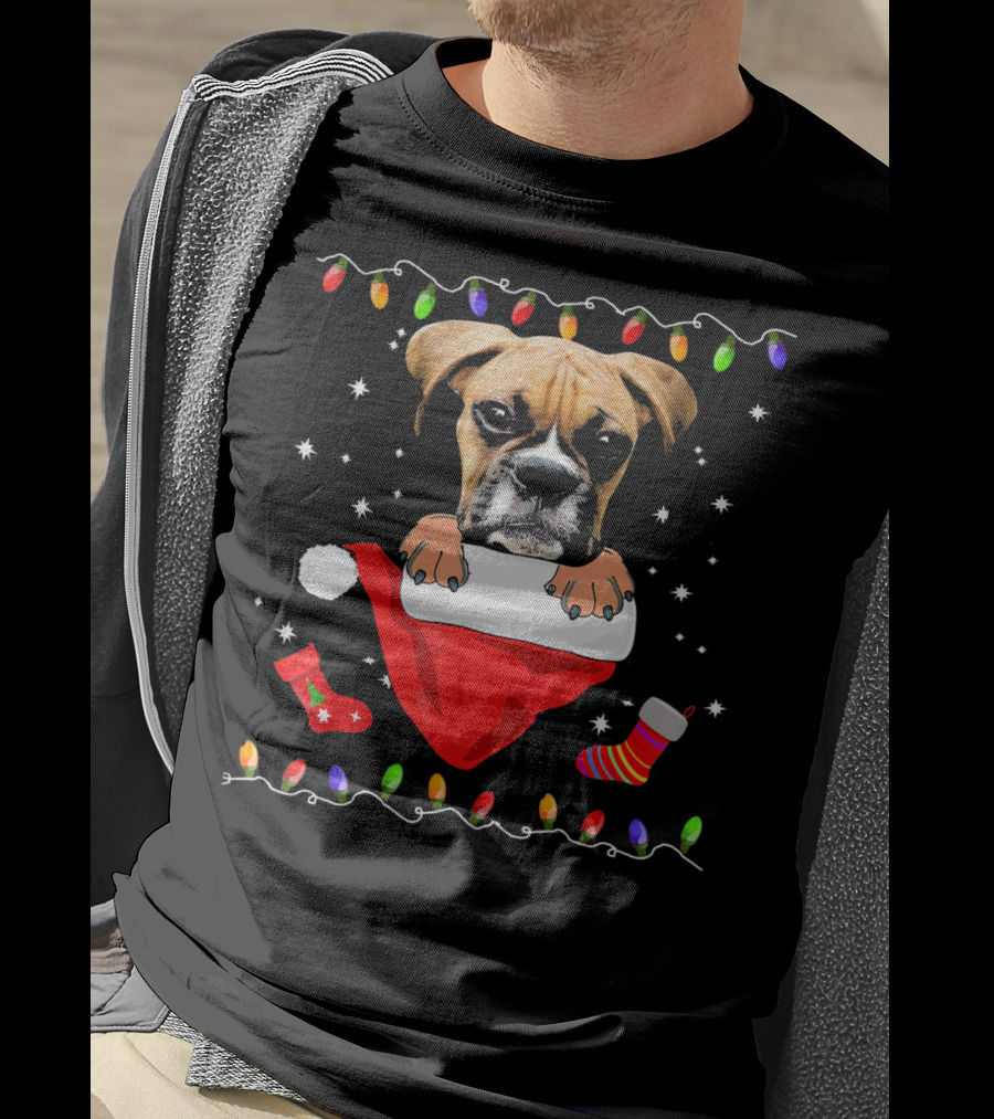 Festive Boxer Dog Christmas With Santa Hat And Holiday Lights T-Shirt