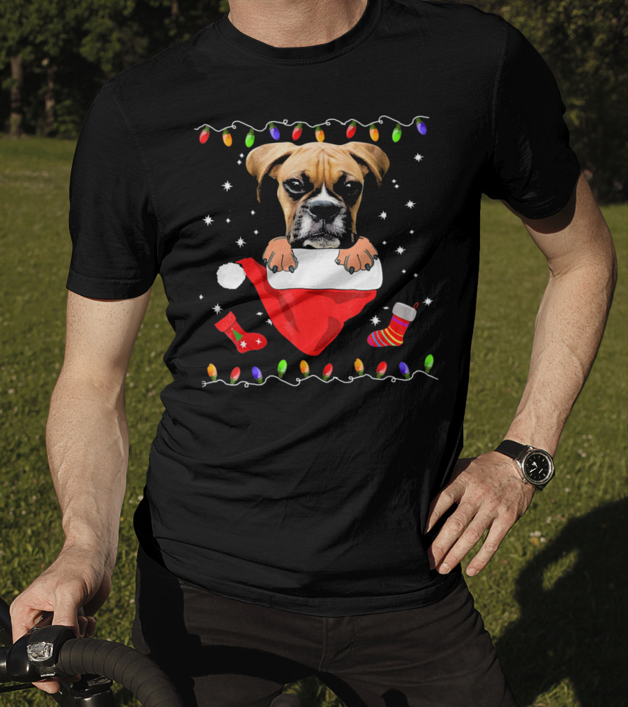 Festive Boxer Dog Christmas With Santa Hat And Holiday Lights T-Shirt