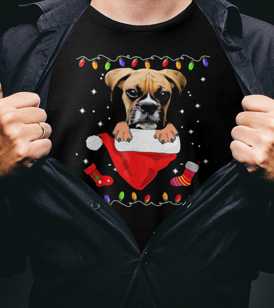 Festive Boxer Dog Christmas With Santa Hat And Holiday Lights T-Shirt