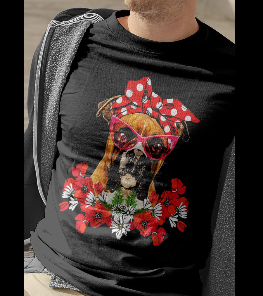 Boxer Dog Moms Red Polka Dot Bow Mixed Flower Arrangement T-Shirt