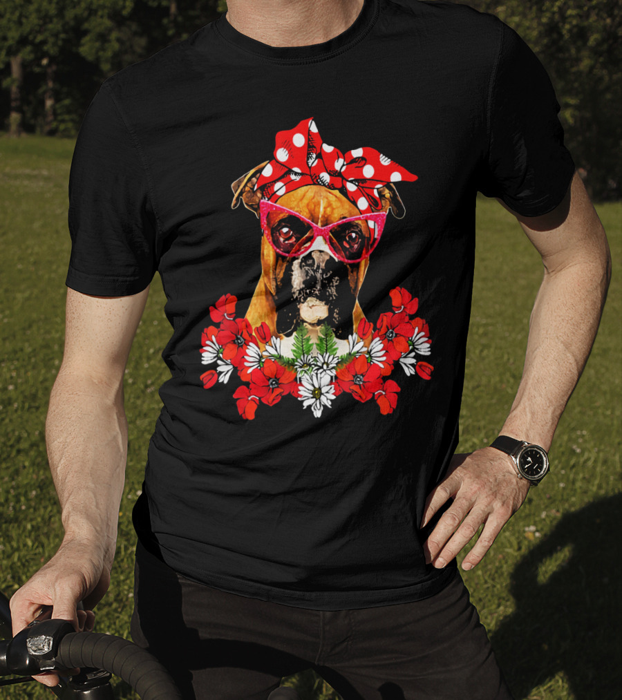 Boxer Dog Moms Red Polka Dot Bow Mixed Flower Arrangement T-Shirt