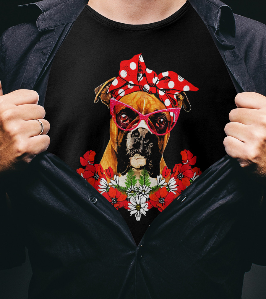 Boxer Dog Moms Red Polka Dot Bow Mixed Flower Arrangement T-Shirt