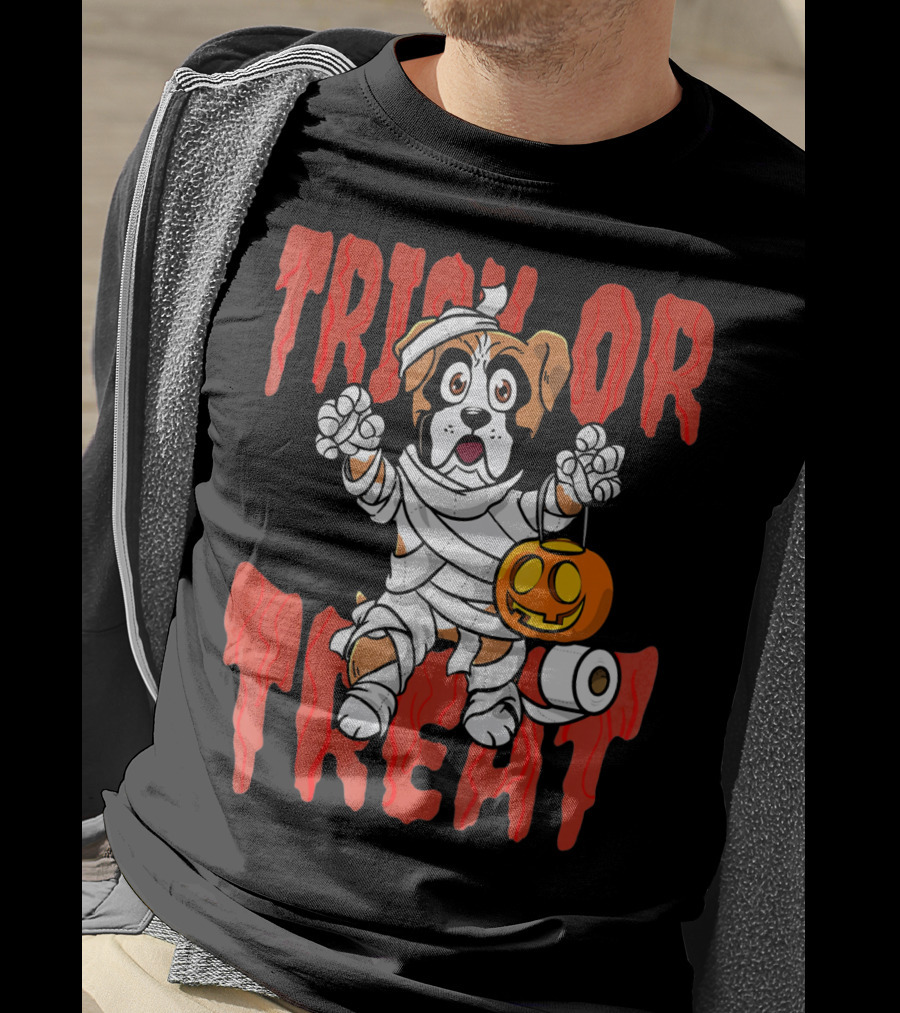 Trick Or Treat Boxer Dog Mummy With Pumpkin And Toilet Paper Rolls T-Shirt