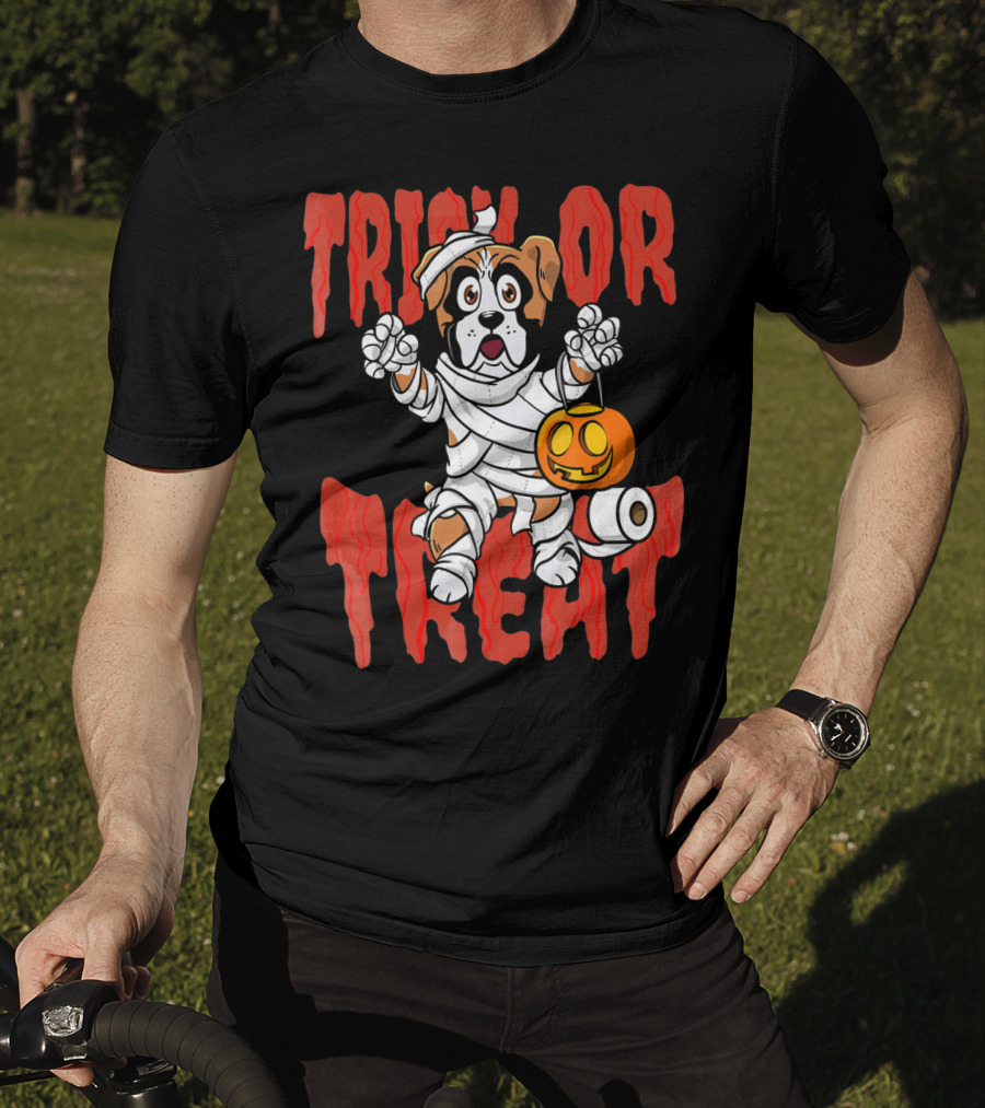 Trick Or Treat Boxer Dog Mummy With Pumpkin And Toilet Paper Rolls T-Shirt