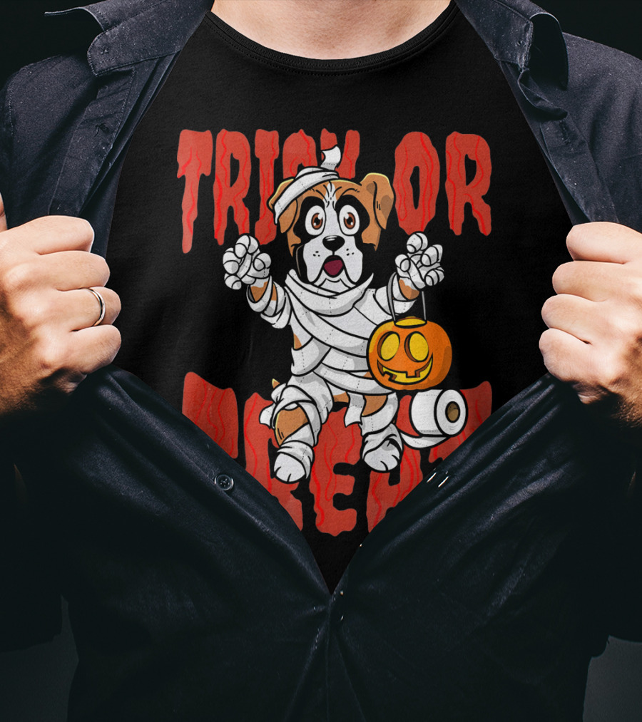 Trick Or Treat Boxer Dog Mummy With Pumpkin And Toilet Paper Rolls T-Shirt
