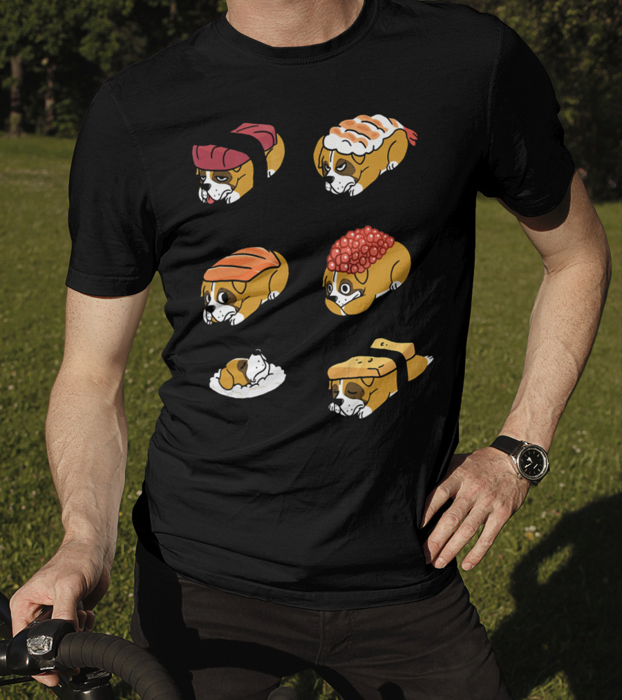 Boxer Dog Nigiri Sushi Funny Dog Boxer Sushi Roll Humor Nigiri Boxer Pups Sushi Styled Boxer Dogs T-Shirt
