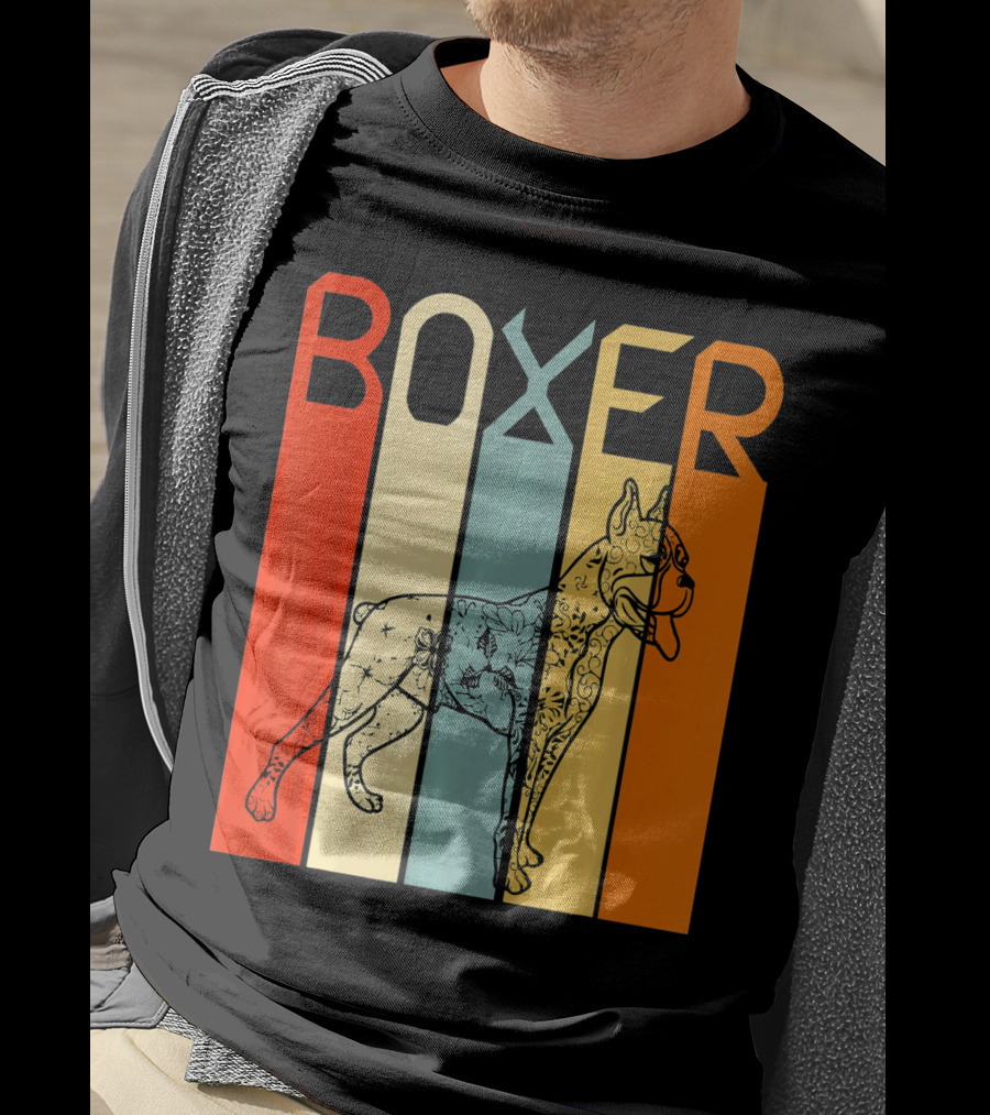 Boxer Dog Retro Stripes Outline T-Shirt