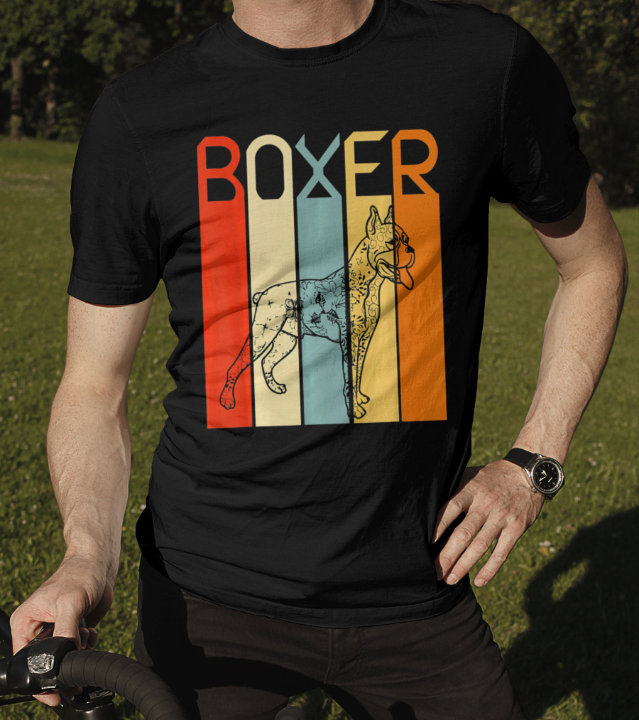 Boxer Dog Retro Stripes Outline T-Shirt
