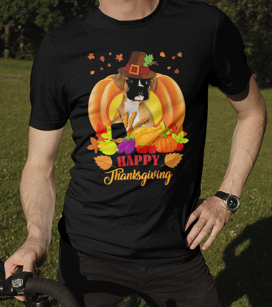 Boxer Dog In Pilgrim Hat Happy Thanksgiving Pumpkin Harvest T-Shirt