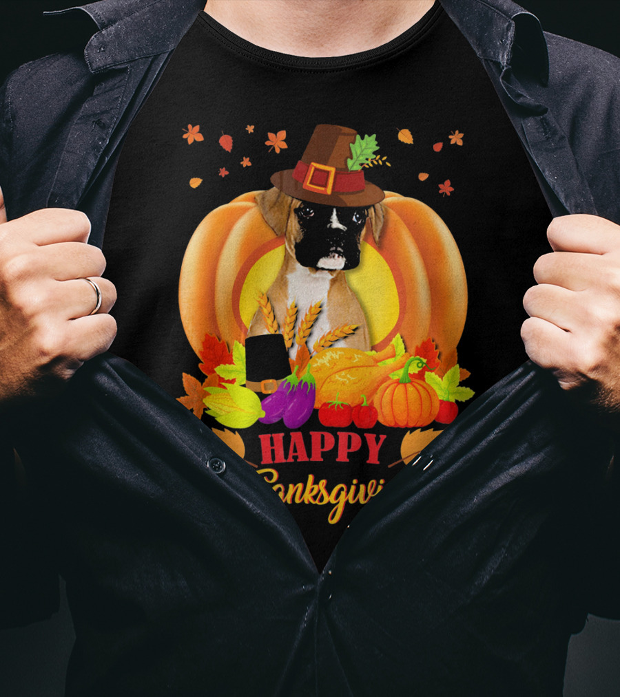 Boxer Dog In Pilgrim Hat Happy Thanksgiving Pumpkin Harvest T-Shirt