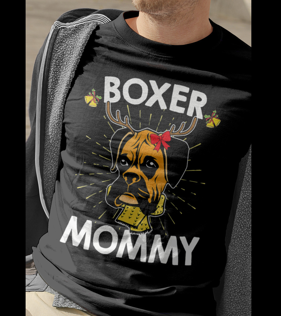 Boxer Mommy Reindeer Antlers Christmas Lights Bow Scarf Dog T-Shirt
