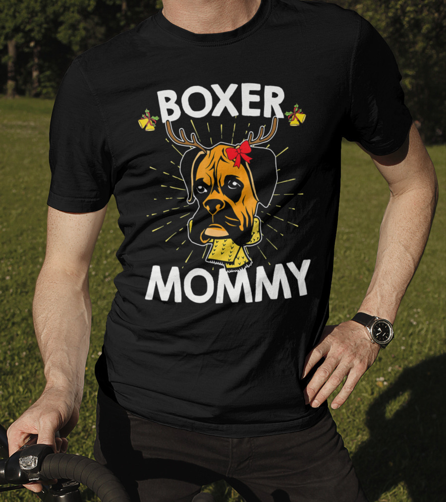Boxer Mommy Reindeer Antlers Christmas Lights Bow Scarf Dog T-Shirt