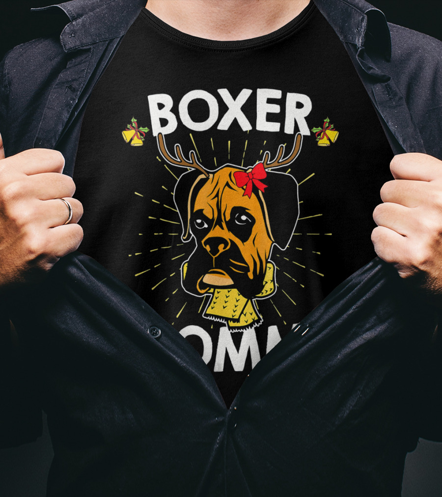 Boxer Mommy Reindeer Antlers Christmas Lights Bow Scarf Dog T-Shirt