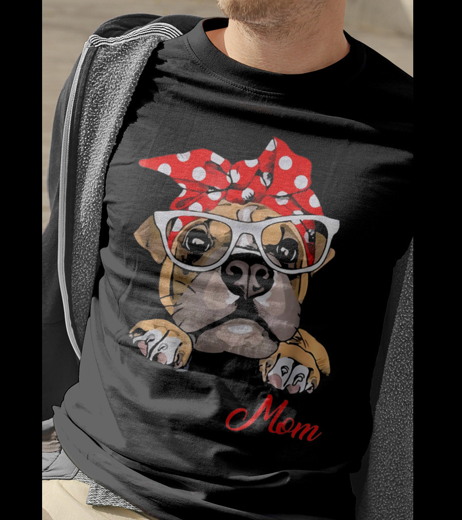 Boxer Mom Dog With Polka Dot Headband And Glasses T-Shirt