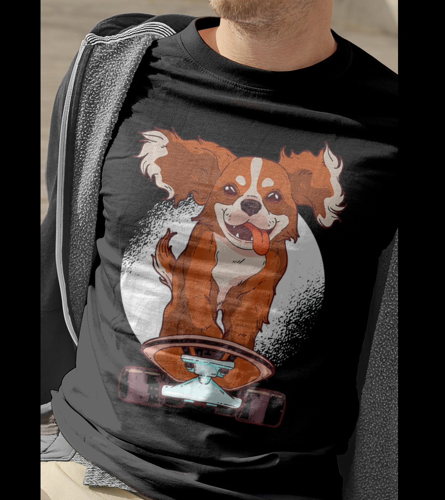 Cavalier Dog On Skateboard With Happy Expression And Energetic Pose T-Shirt