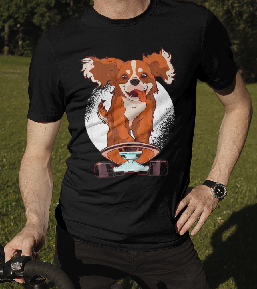 Cavalier Dog On Skateboard With Happy Expression And Energetic Pose T-Shirt