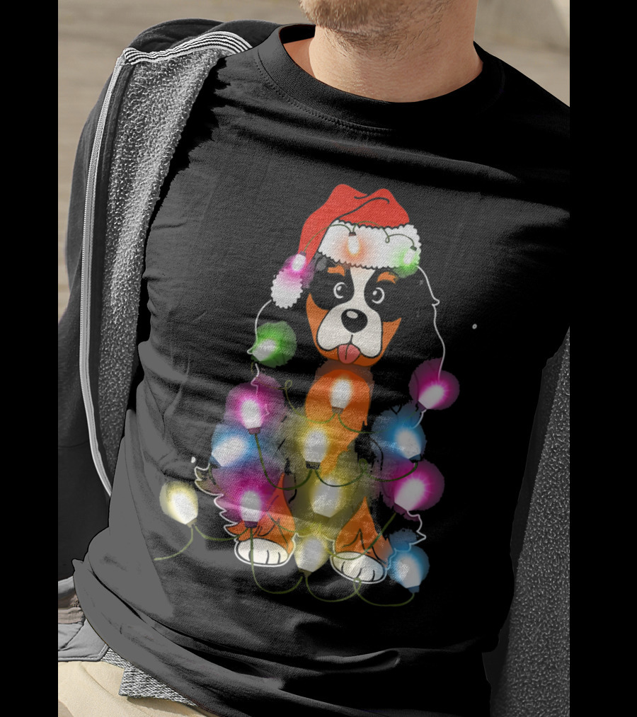 Cavalier King Charles Spaniel Festive Christmas Lights With Santa Hat T-Shirt