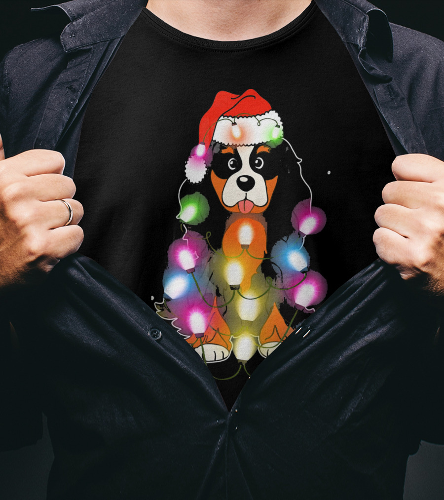 Cavalier King Charles Spaniel Festive Christmas Lights With Santa Hat T-Shirt