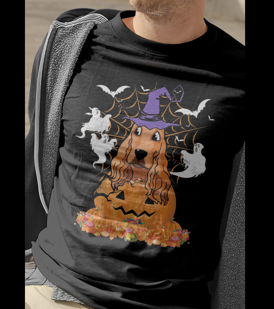 Cavalier King Charles Spaniel Halloween Pumpkin Ghosts And Witch Hat T-Shirt