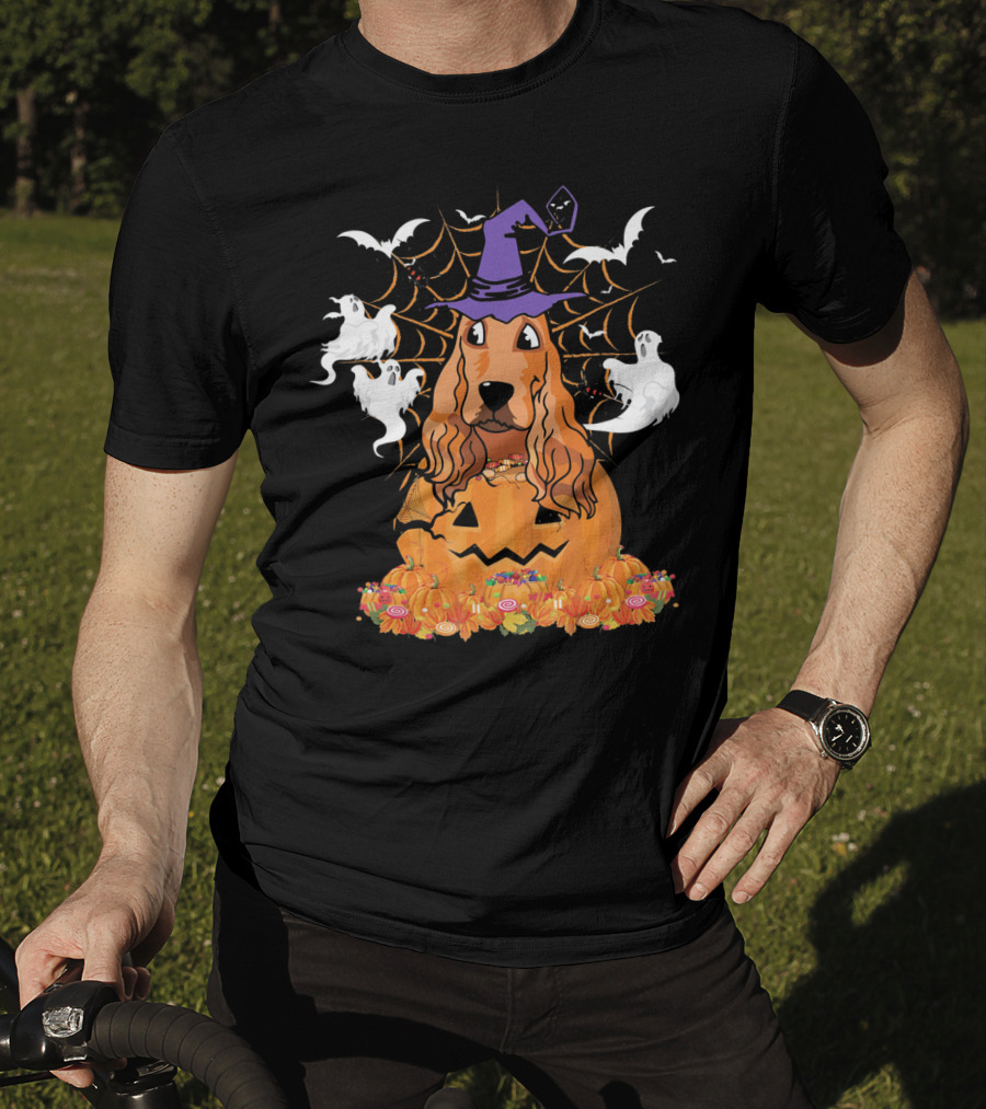 Cavalier King Charles Spaniel Halloween Pumpkin Ghosts And Witch Hat T-Shirt