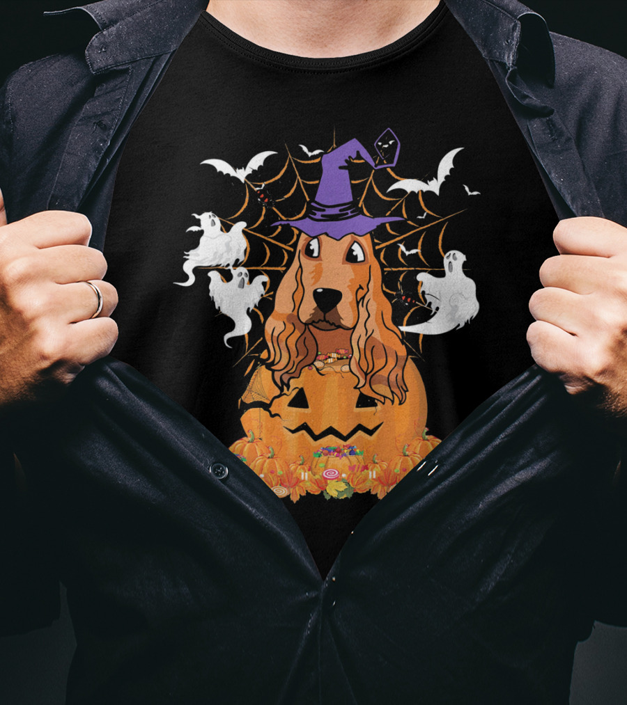 Cavalier King Charles Spaniel Halloween Pumpkin Ghosts And Witch Hat T-Shirt