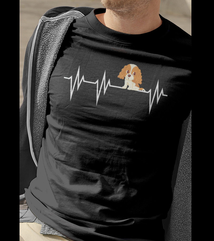 Cavalier King Charles Spaniel Heartbeat EKG Line With Cartoon Puppy T-Shirt