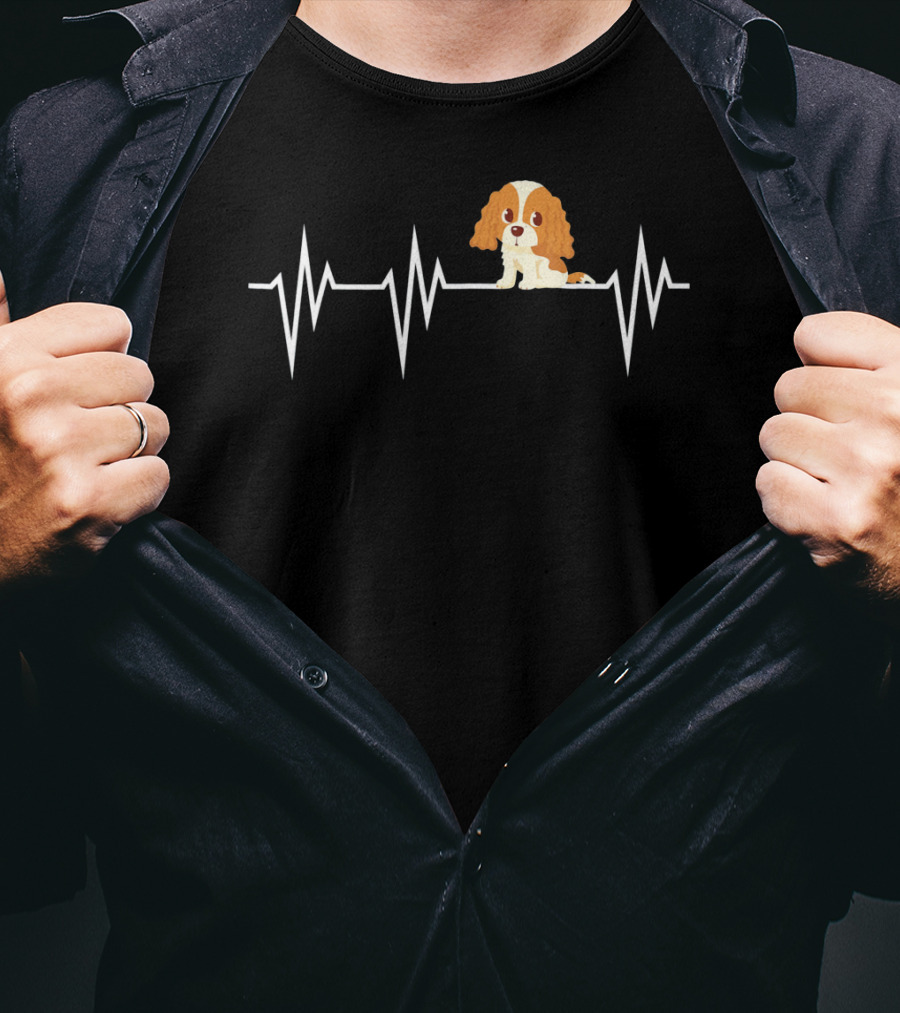 Cavalier King Charles Spaniel Heartbeat EKG Line With Cartoon Puppy T-Shirt