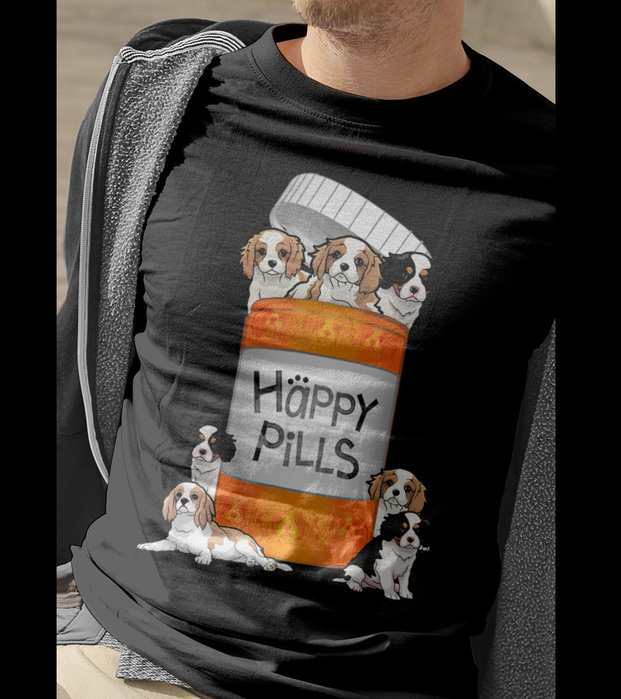 Cavalier King Charles Spaniel Happy Pills Illustration With Puppies In Pill Bottle T-Shirt