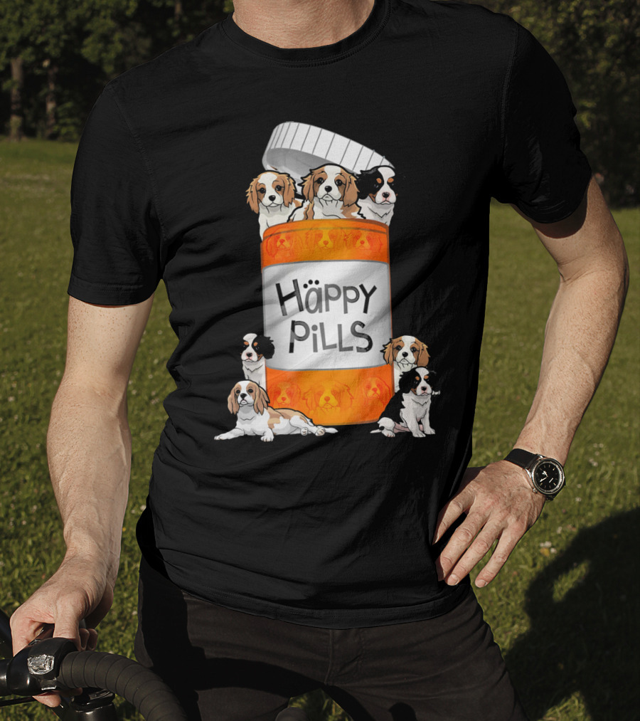 Cavalier King Charles Spaniel Happy Pills Illustration With Puppies In Pill Bottle T-Shirt