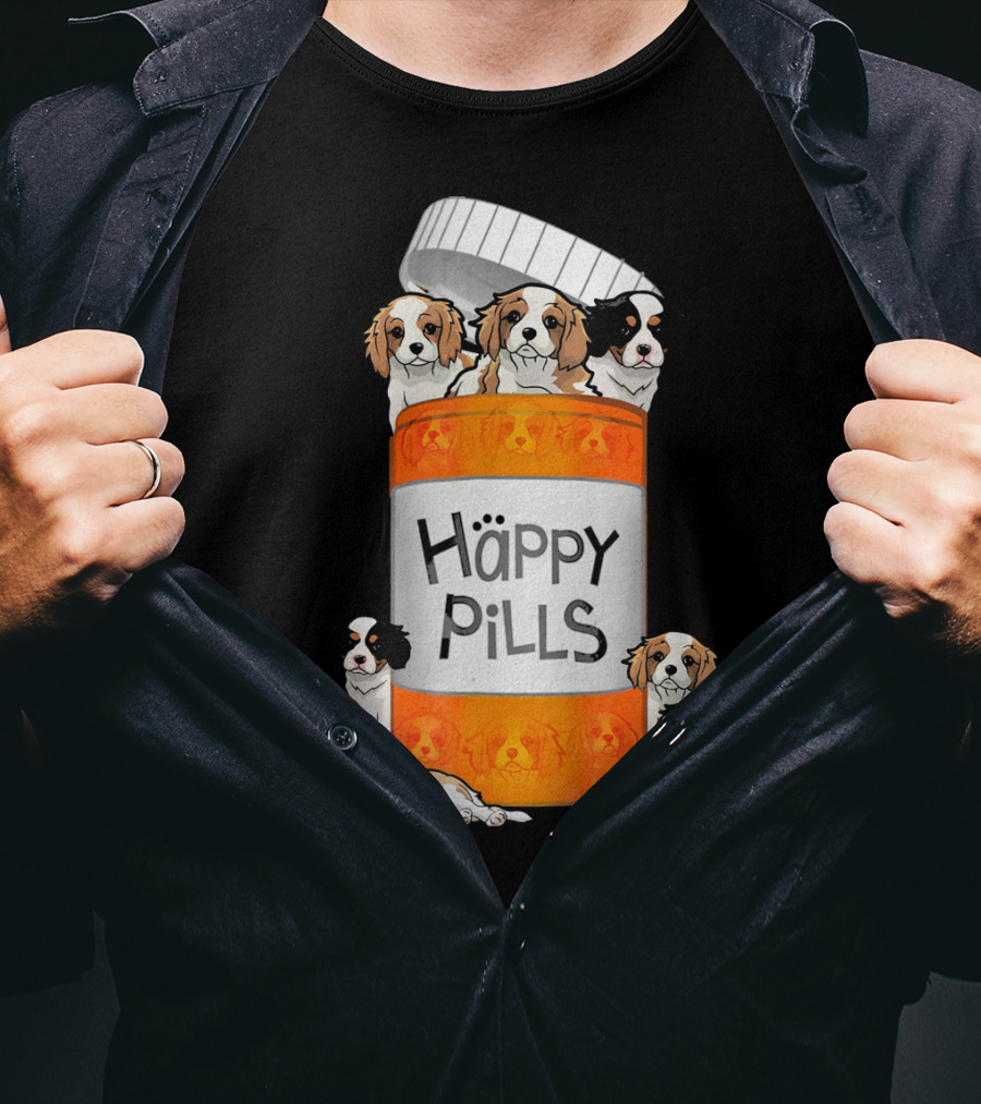 Cavalier King Charles Spaniel Happy Pills Illustration With Puppies In Pill Bottle T-Shirt
