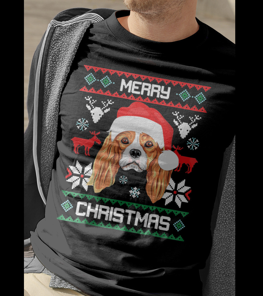 Merry Christmas Cavalier King Charles Spaniel Ugly Sweater Santa Hat T-Shirt