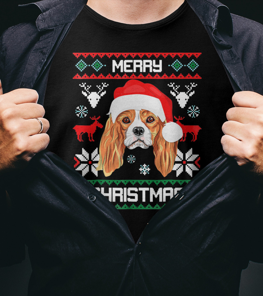 Merry Christmas Cavalier King Charles Spaniel Ugly Sweater Santa Hat T-Shirt