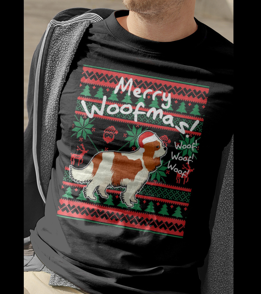 Merry Woofmas Cavalier King Charles Spaniel Festive Santa Hat Woof Woof Holiday T-Shirt