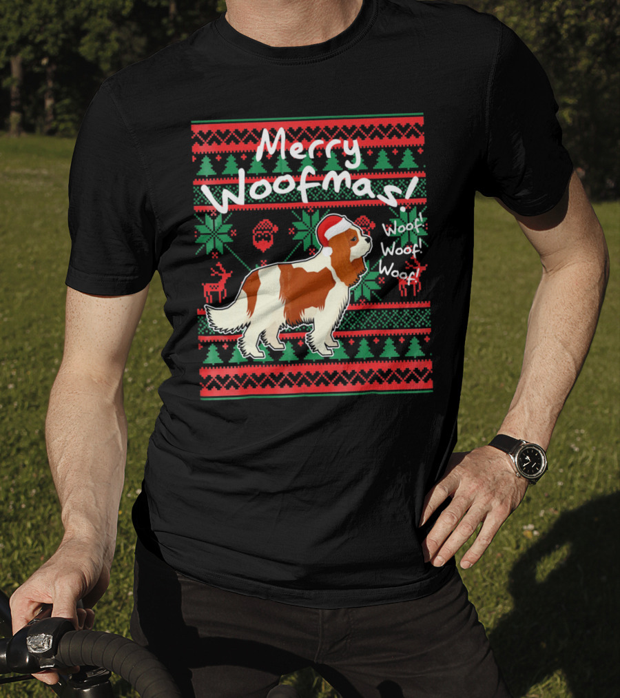 Merry Woofmas Cavalier King Charles Spaniel Festive Santa Hat Woof Woof Holiday T-Shirt
