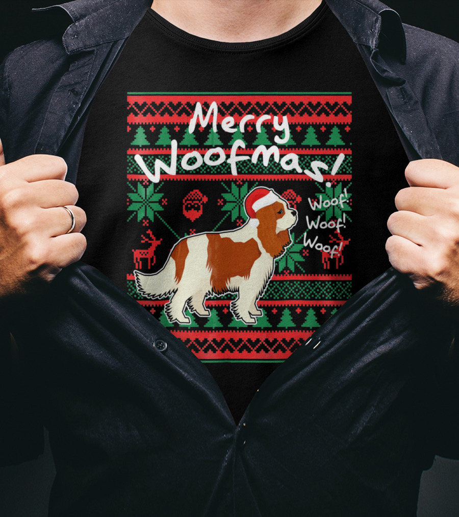Merry Woofmas Cavalier King Charles Spaniel Festive Santa Hat Woof Woof Holiday T-Shirt