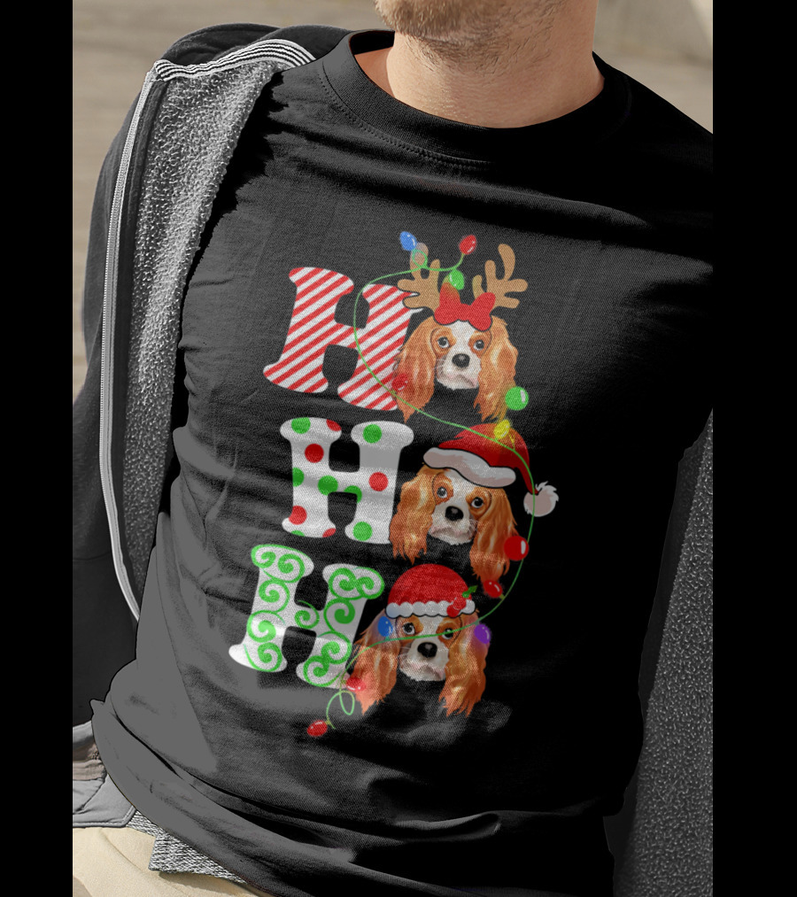 Cavalier King Charles Spaniel Santa Ho Ho Christmas Lights T-Shirt