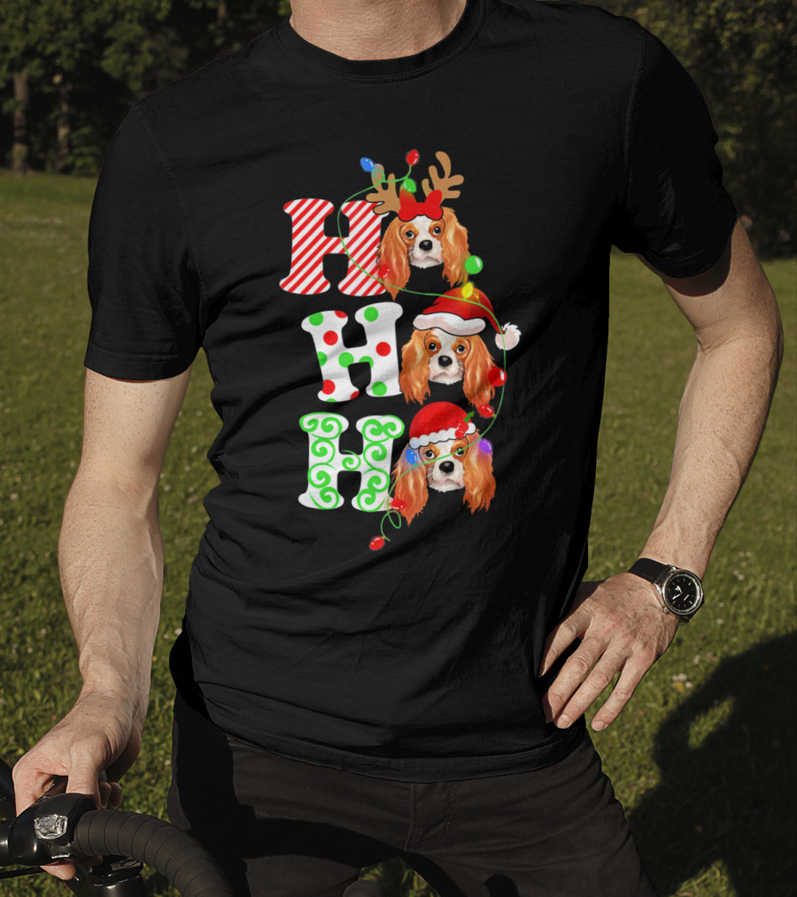 Cavalier King Charles Spaniel Santa Ho Ho Christmas Lights T-Shirt