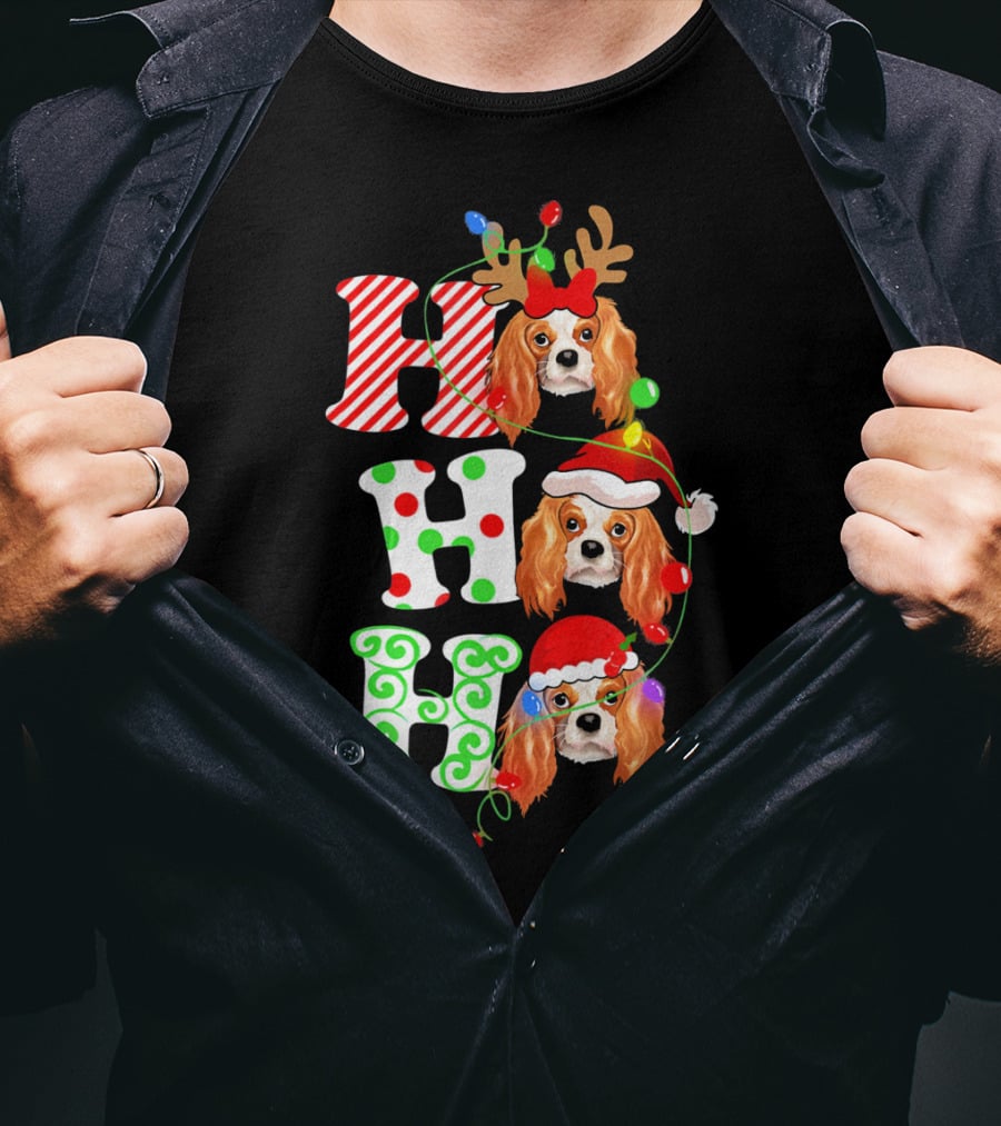 Cavalier King Charles Spaniel Santa Ho Ho Christmas Lights T-Shirt